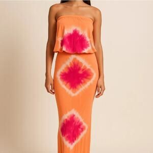 Young Fabulous & Broke Strapless Tie Dye Maxi Dress Womens XS Orange Pink Jersey